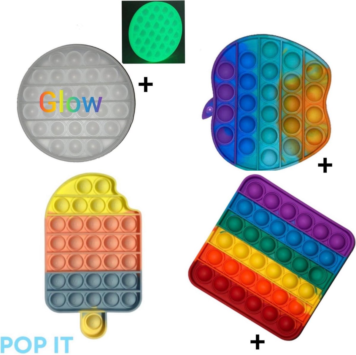 POP IT | Fidget toys pakket | Leuke Set 4 in 1 Glow in the dark rond + Rainbow vierkant + Appel + Ijsje multi | 2021 Trend | Vermindert stress | Cadeautip